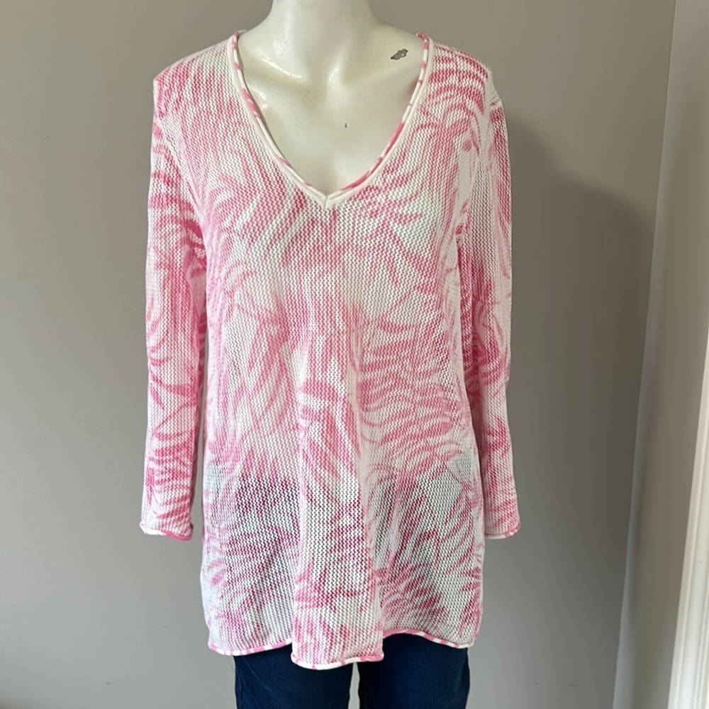 TOMMY BAHAMA Tropical Fronds With Benefits Top Pink White Pullover Sweater Sz M